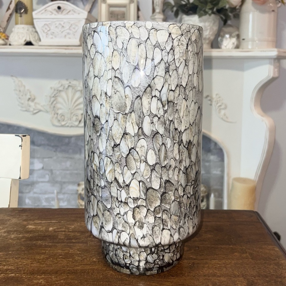 Tozai Home Murano Style Hand Blown Glass Vase 12.5” Gray Speckled Heavy Decor